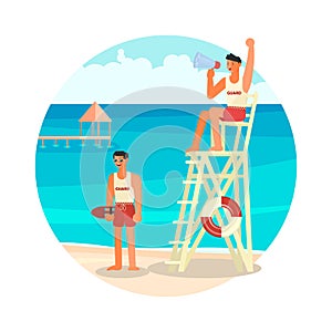 Round icon water activity. Male lifeguards, professional rescuer
