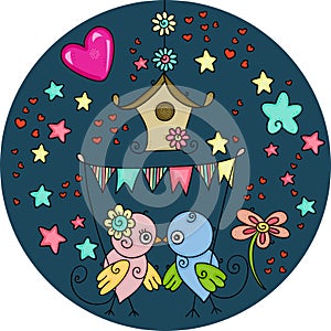 Round illustration with couple birds in love