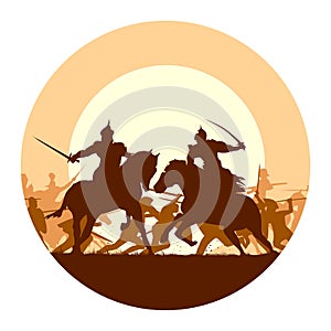 Round illustration of medieval battle with fight of two mounted