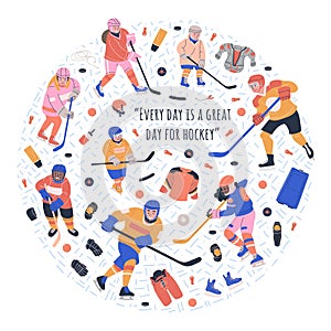 Round illustration with young ice hockey players, equipment and text