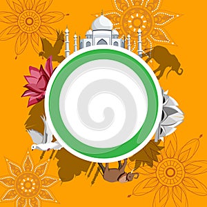 Round India background with Taj Mahal and Lotus Temple.