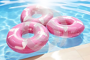 Round inflatables rubber swimming rings in pool. Generative AI