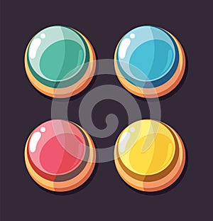 Round interface buttons. Cartoon color button, user app gaming development elements. Game design, shine glossy vector