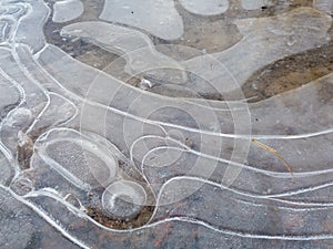 Round irregular shapes in ice on frozen puddle in winter, concept of rigidity and stillness
