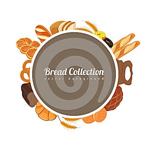 Round label with bread. Food background with bread icons. Bakery products. Vector