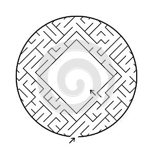 A round labyrinth with an entrance and an exit. Simple flat vector illustration isolated on white background. With a place for