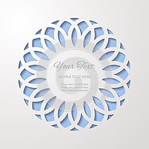 Round lace cutout frame with shadow on blue background. Paper cut 3d ornamental border.