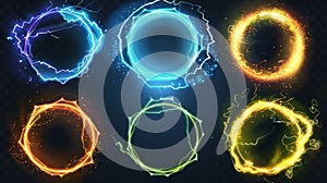 Round lightning frames isolated on transparent background. Modern illustration of magic energy effect circles in yellow