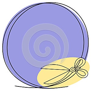 Round lilac frame with an empty place for insertion, for needlework, golden scissors, one-line drawing, emblem icon