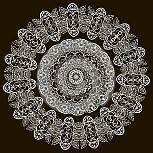 Round line art Baroque vector mandala pattern. Lace vintage floral circle ornament with elegance lacy flowers, leaves, lines,