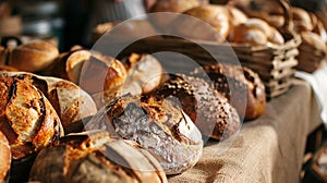 Round loaves of freshly baked artisan sourdough bread with appetizing crust in a bakery. Delicious whole organic food