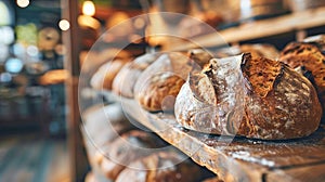 Round loaves of freshly baked artisan sourdough bread with appetizing crust at farmer\'s market. Delicious whole organic food
