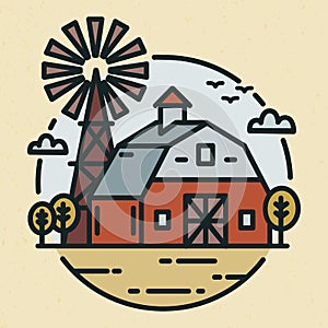 Round logotype with farmland landscape, country house or agricultural building and windmill in line art style. Creative