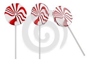 Round lollipop with red and white swirl stripes on white plastic stick. Isolated sweet candy. 3D rendered image.