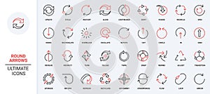 Round loop arrows of process reload and repeat, cycle and progress line icon set