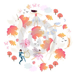 Round magical pattern with winged unicorns, mermaid, elf, fairies, autumn trees, leaves, flowers, birds, butterflies and clouds