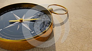 Round magnetic compass on world map with copy space. 3D rendering illustration.