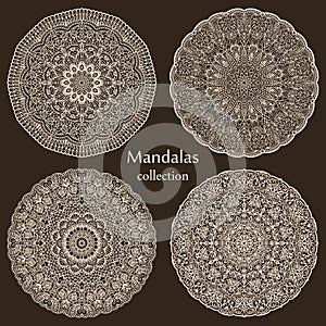 Round mandalas in vector. Graphic template. Decorative retro ornament. Set of abstract design element. Hand drawn. Vector Ethnic