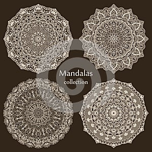 Round mandalas in vector. Graphic template. Decorative retro ornament. Set of abstract design element. Hand drawn. Vector Ethnic