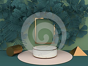 Round marble pedestal, golden border and leaves and green palm overlap to form art dimensions.The golden picture frame can be used