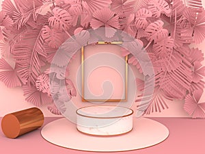 Round marble pedestal, golden border and leaves and pink palm overlap to form art dimensions.The golden picture frame can be used