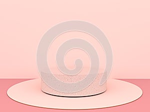 Round marble Pedestal, Podium for display product on the Pink floor and pastel pink wall. Pedestal can be used for commercial adve