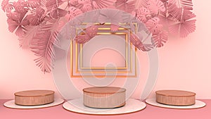 Round marble Podium, golden border and leaves and pink palm overlap to form art dimensions.Gold frame with many layers can be used