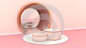 Round marble Podium, golden border and pink floor, and pink wall with circular arches The golden frame. And has a mirror can be us