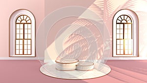Round marble Podium, golden border, The sunlight shines And the pink wall with arched windows with shadow of leaf. Podium Can be u