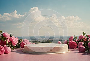 Round marble podium for presentation decorated pink peony flowers. Cloudy sky in background. Scene advertising cosmetic