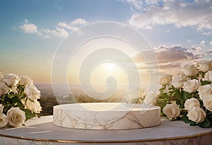 Round marble podium for presentation decorated white rose flowers. Cloudy sunset sky in background. Scene to show and