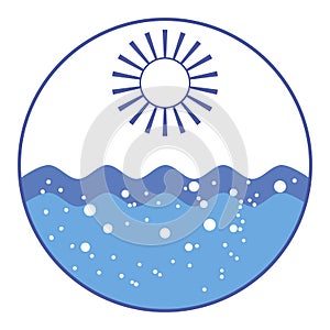 Round marine logo with sea waves and sun with rays