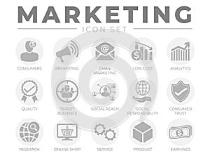 Round Marketing Icon Set. Consumers, Promotion, Email Marketing, Low Cost, Analytics, Quality, Target Audience, Social, Trust,