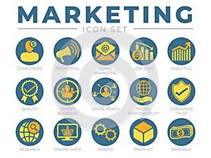 Round Marketing Icon Set. Consumers, Promotion, Email Marketing, Low Cost, Analytics, Quality, Target Audience, Social, Trust,