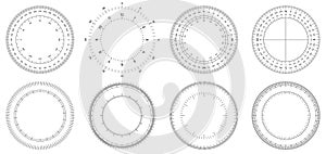 Round measuring circles. 360 degrees scale circle with lines, circular dial and scales meter vector set