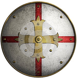 Round medieval shield with golden cross