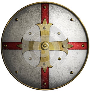 Round medieval shield with golden cross photo