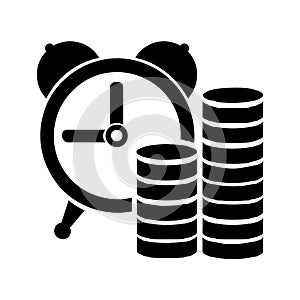 Round metal money, clock (time), piles, stacks of metal coins, symbol of wealth, treasure, graphic, vector, illustration