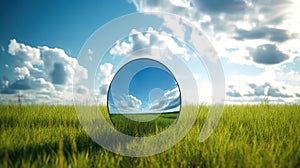 Round mirror in a field in the grass with a blue sky, generative AI.