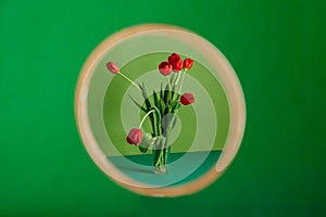 Round mirror with flower reflection against green background