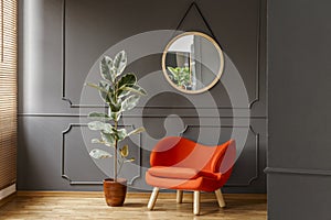 Round mirror hanging on the wall with molding in real photo of d