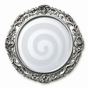round mirror with a silver frame and etched floral designs for photo