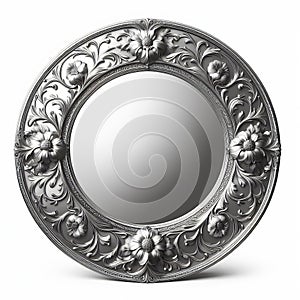 Round mirror with a silver frame and etched floral designs for photo