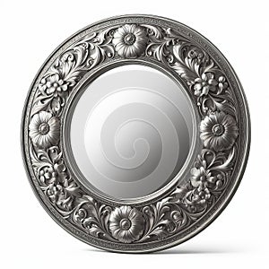 Round mirror with a silver frame and etched floral designs for photo