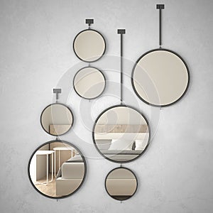 Round mirrors hanging on the wall reflecting interior design scene, minimalist contemporary bedroom, modern architecture concept