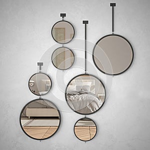 Round mirrors hanging on the wall reflecting interior design scene, minimalist white bedroom, modern architecture concept idea