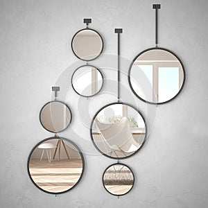 Round mirrors hanging on the wall reflecting interior design scene, minimalist white living, modern architecture concept idea