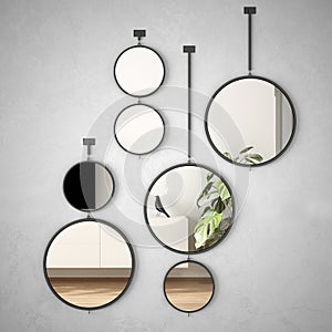 Round mirrors hanging on the wall reflecting interior design scene, minimalist white living, modern architecture concept idea