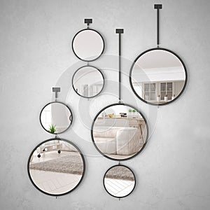 Round mirrors hanging on the wall reflecting interior design scene, minimalist white living, modern photo