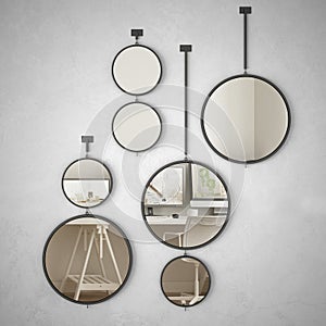 Round mirrors hanging on the wall reflecting interior design scene, minimalist white and wooden kitchen, modern architecture